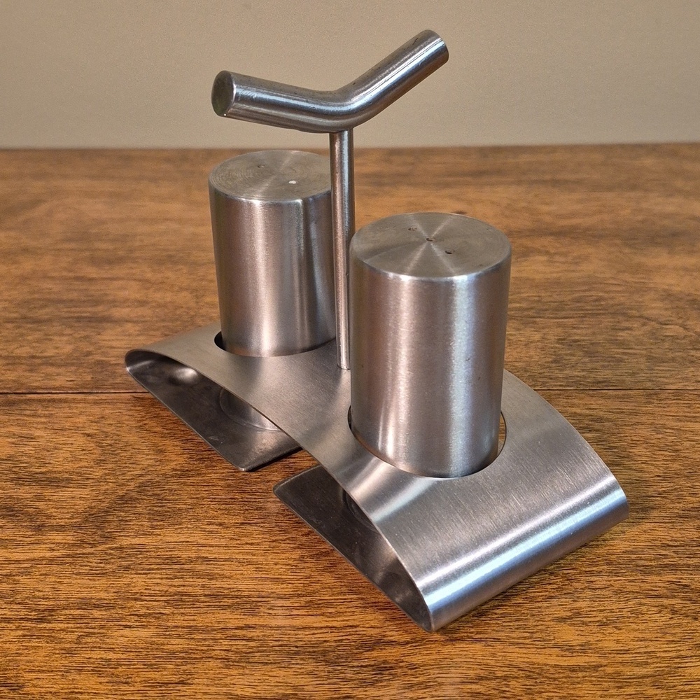 VINTAGE Stainless Steel Salt And Pepper Shaker Set With Caddy - Picture 2 of 14